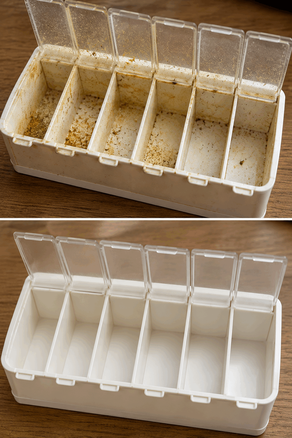 Así recuperas los compartimentos de una caja para especias cubiertos de polvo, aceite y pequeños residuos