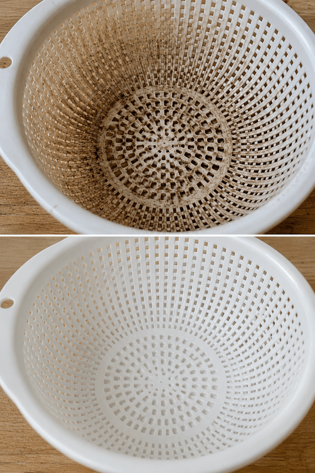El truco casero para eliminar la suciedad acumulada dentro de los pequeños agujeros de una cesta escurridora de plástico
