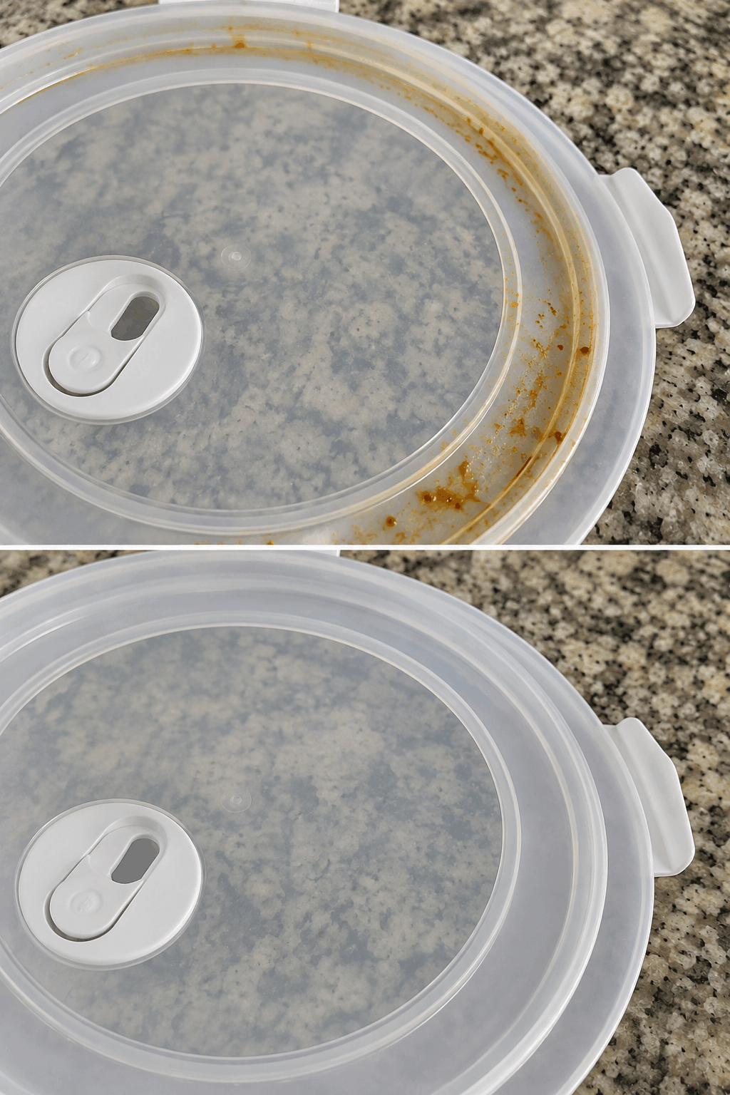 El truco casero para limpiar el canal interior de una tapa de recipiente para microondas donde quedan salpicaduras secas