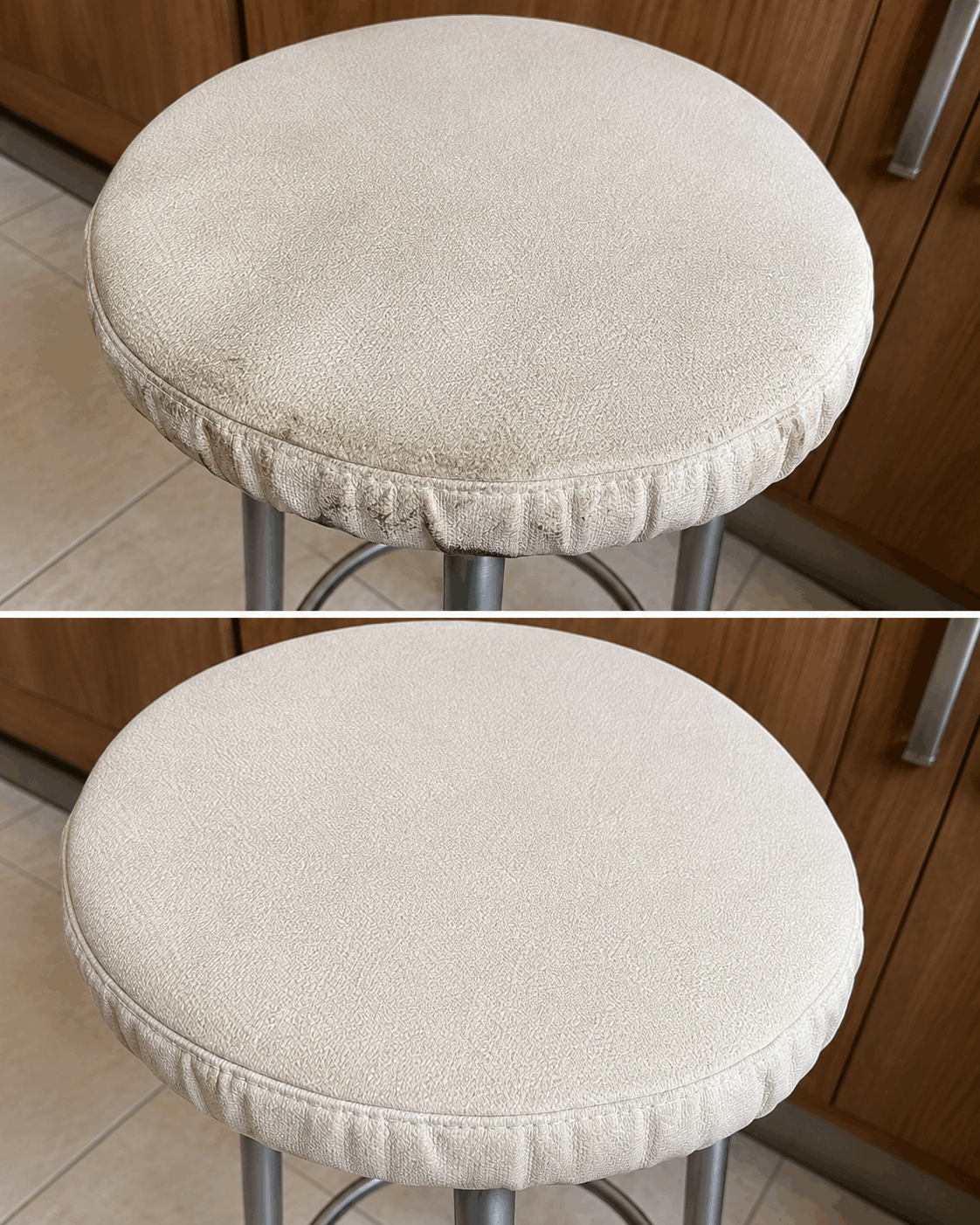 El truco para recuperar el borde de una funda de taburete de cocina manchado por el roce y las salpicaduras