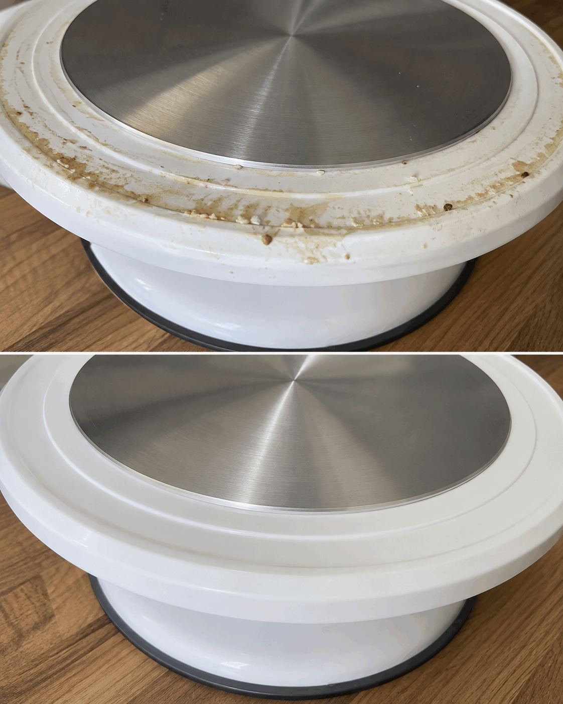 Cómo limpiar el reborde de un plato giratorio para tartas donde se acumulan crema, azúcar y grasa