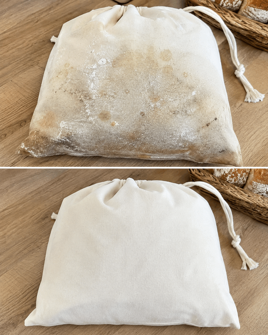 Cómo recuperar una bolsa de tela para el pan con manchas de harina, grasa y humedad en la parte inferior