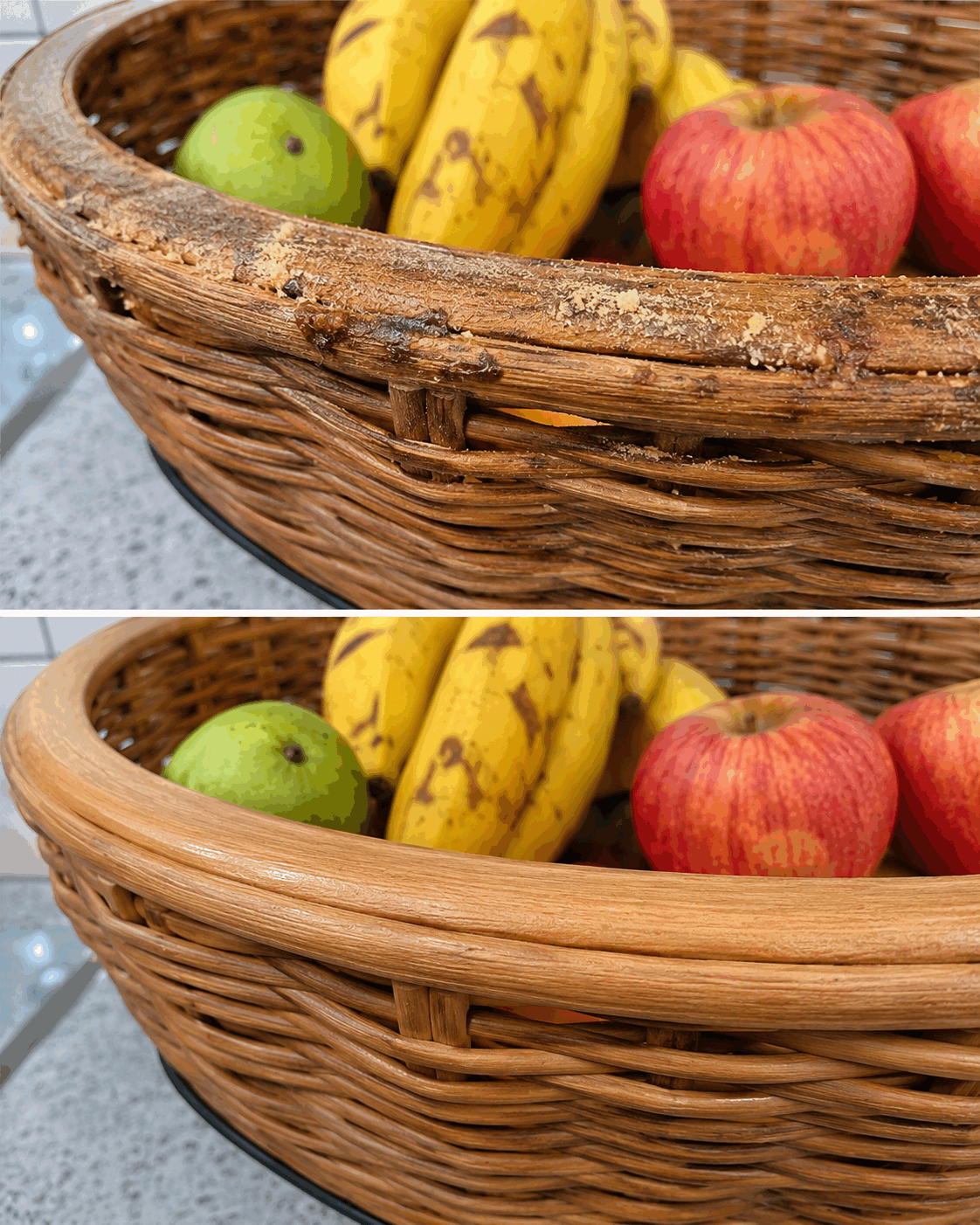 Cómo recuperar el borde de una cesta para frutas cuando acumula polvo pegajoso y restos de alimentos