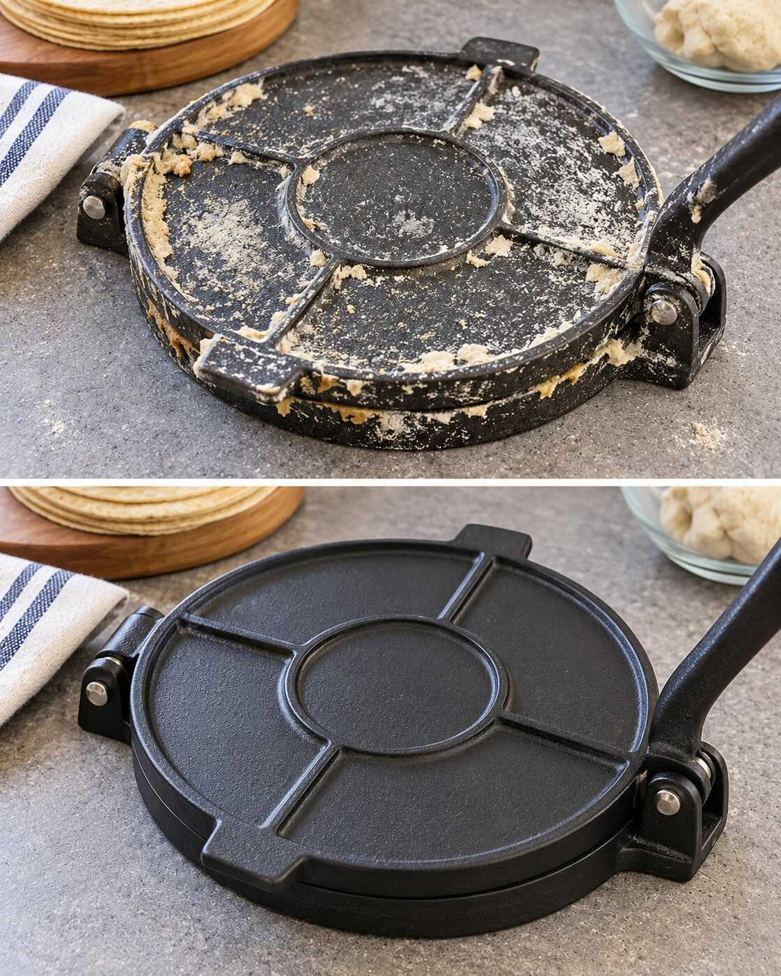 El método casero para limpiar una prensa para tortillas cuando quedan restos secos pegados en los bordes