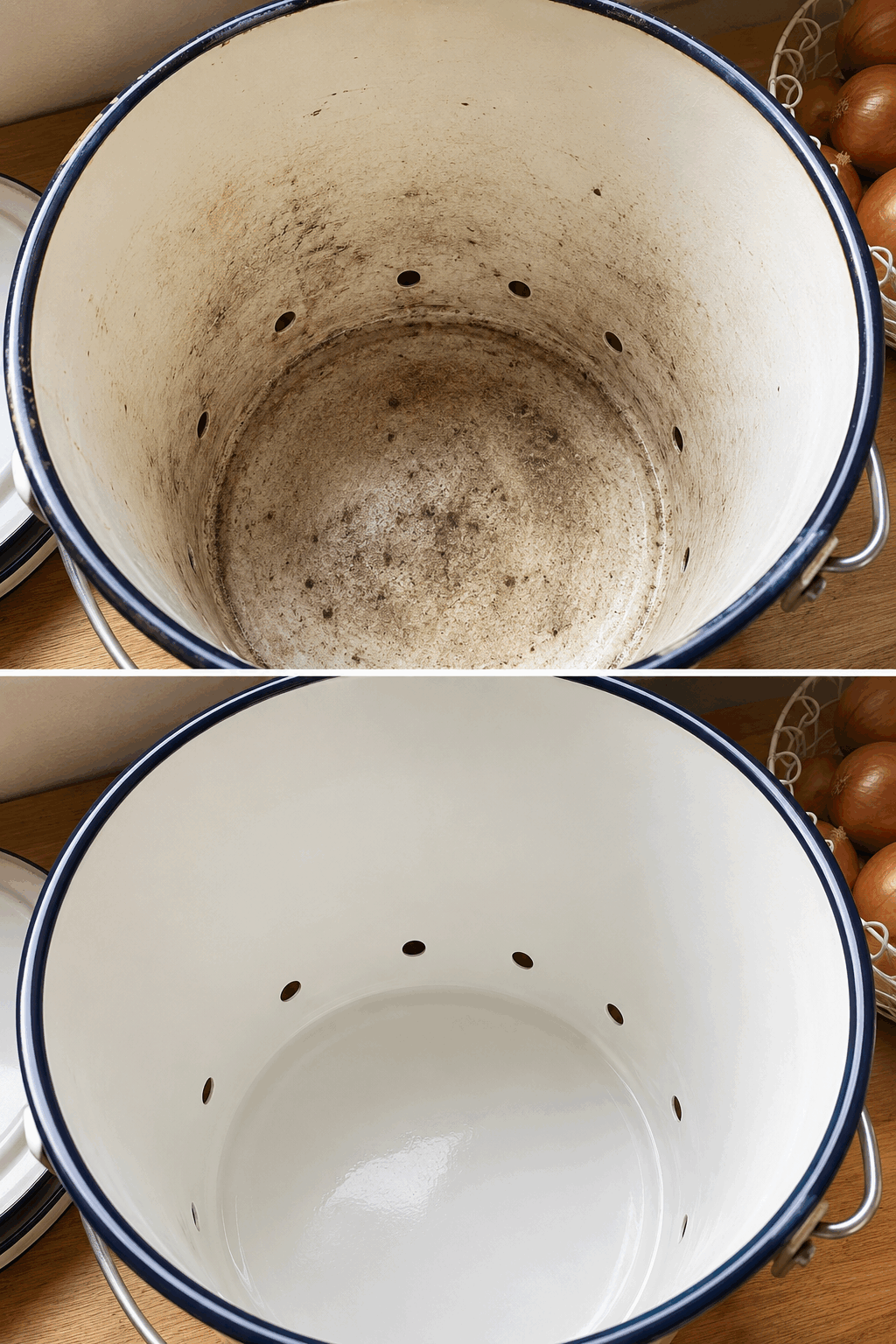 Así recuperas el interior de un recipiente para guardar cebollas cubierto de restos secos y manchas oscuras