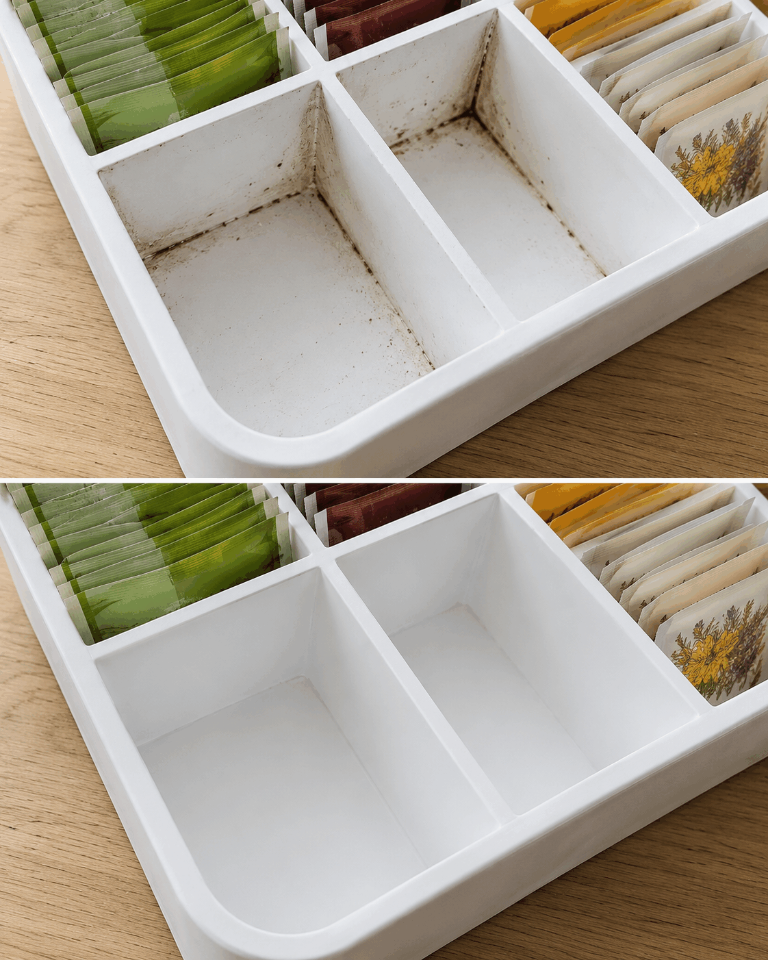 El truco casero para eliminar la suciedad de las esquinas de un organizador de bolsitas de té sin dañar el material