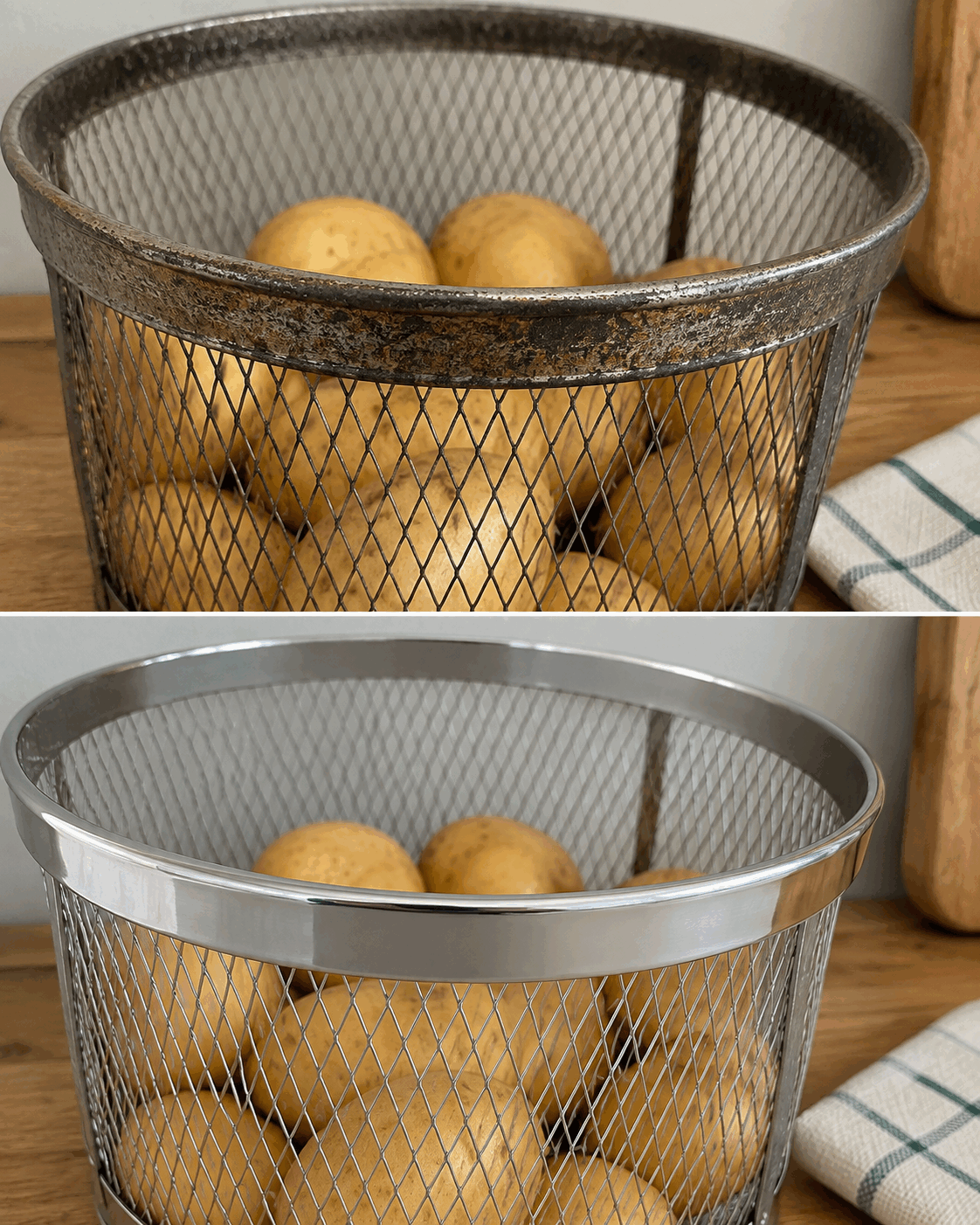 Así recuperas el borde de una cesta para patatas cuando el polvo y la humedad dejan manchas oscuras