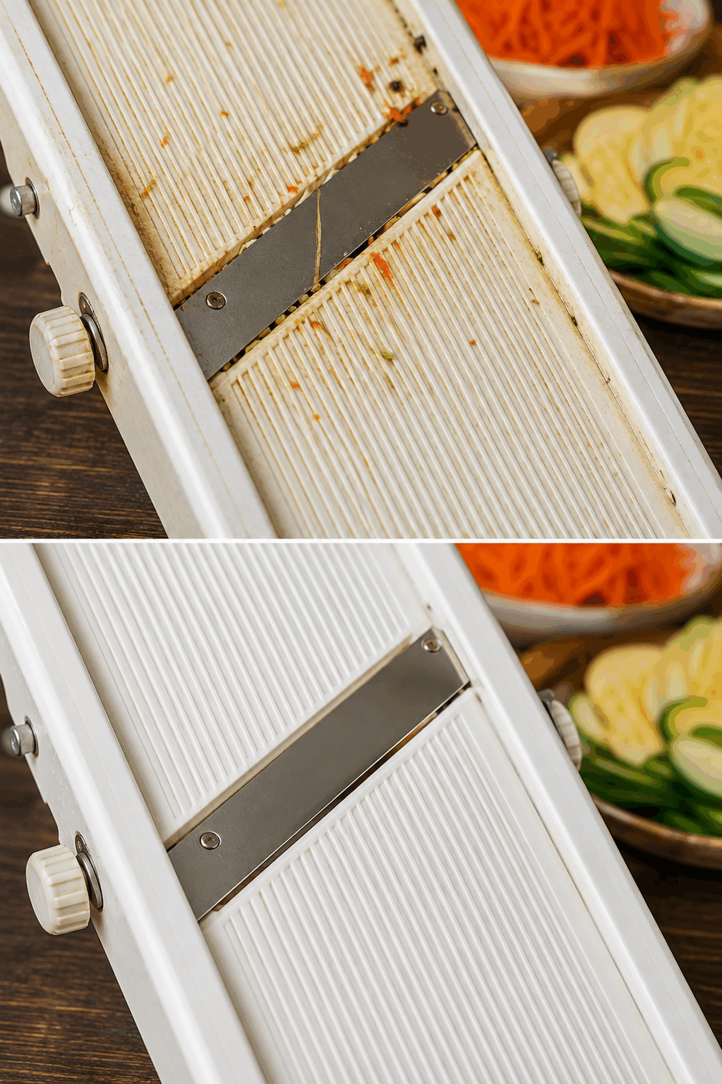 El truco para limpiar las pequeñas ranuras de una mandolina de cocina donde quedan restos secos de verduras