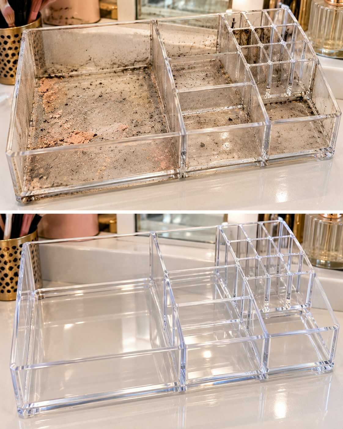 El truco para recuperar una caja organizadora de maquillaje cuando el fondo está lleno de polvo y residuos