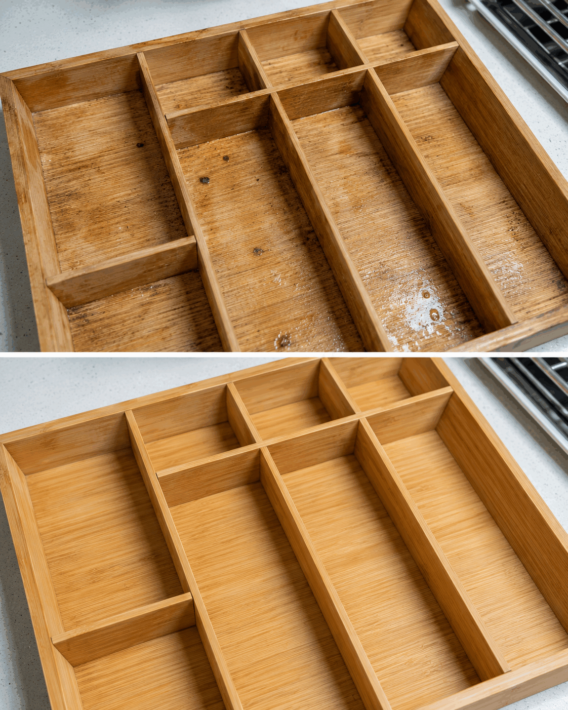 Este sencillo método recupera una bandeja para cubiertos de madera manchada de grasa, humedad y pequeñas migas
