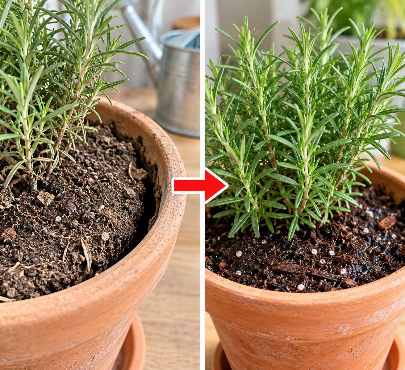 El método para recuperar una planta aromática cuando la tierra de la maceta se separa de los bordes y ya no absorbe bien el agua