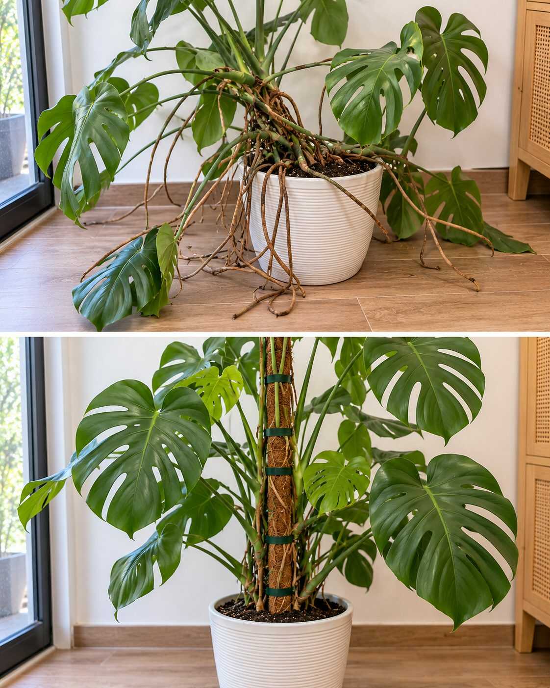 Cómo recuperar una monstera cuando sus raíces aéreas están desordenadas y la planta pierde estabilidad
