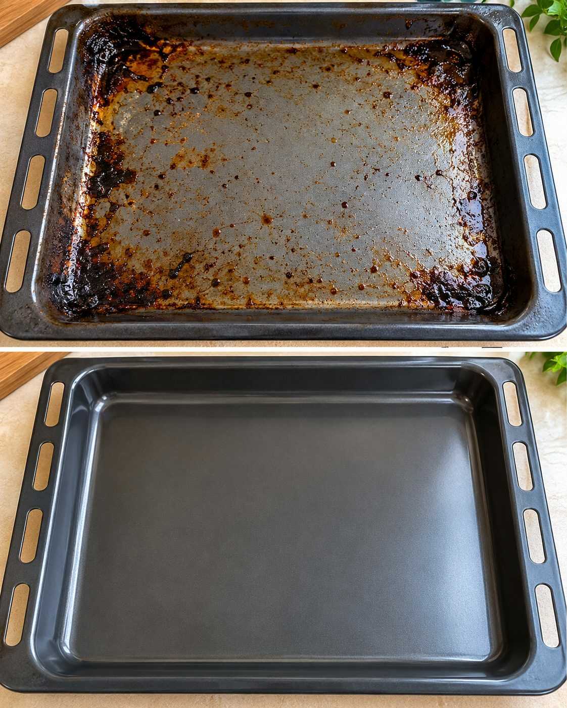 El método para recuperar una bandeja de horno cuando las esquinas acumulan grasa quemada