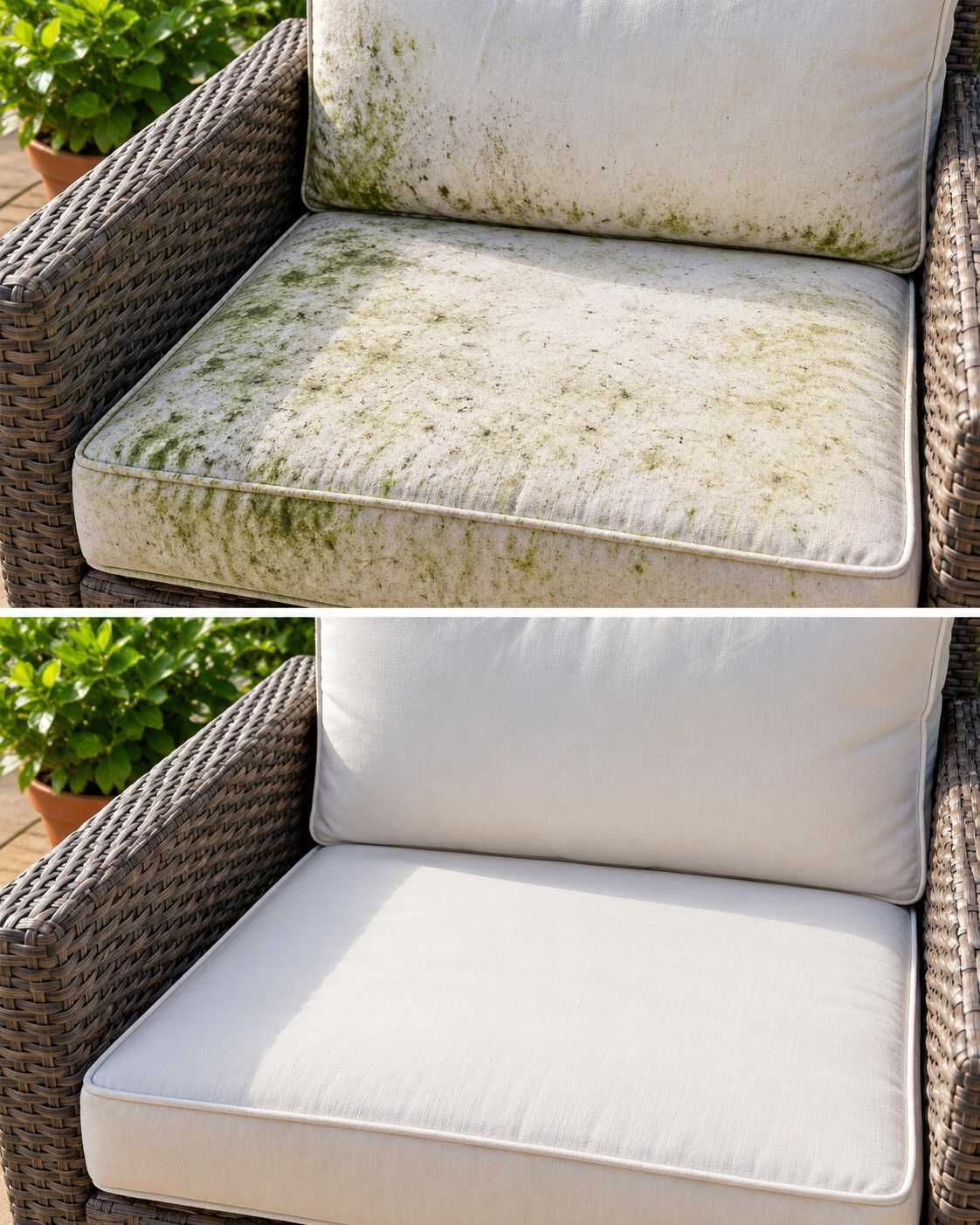 El truco para recuperar un cojín de exterior cuando aparecen manchas verdes por la humedad