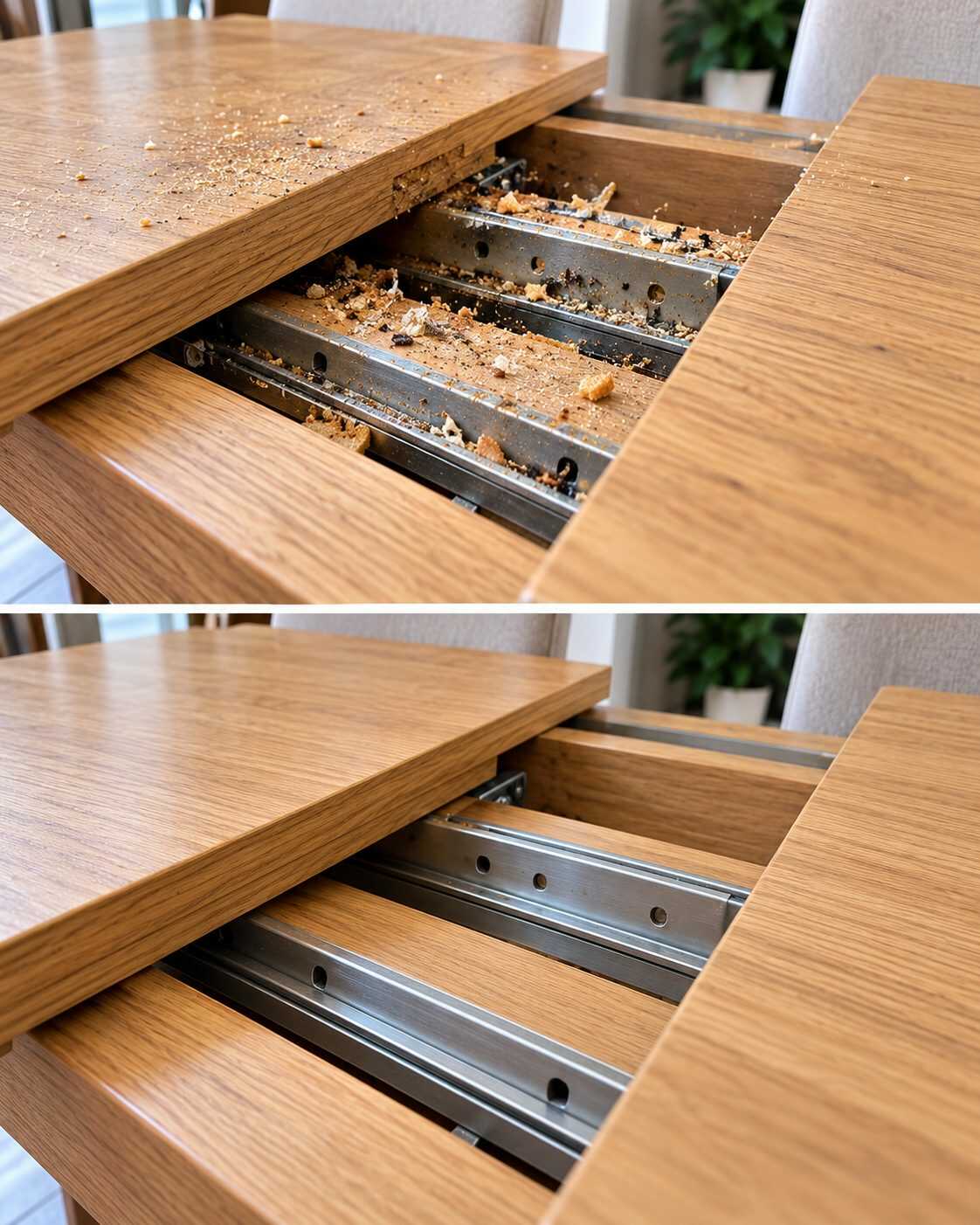 El método para limpiar las juntas de una mesa extensible cuando acumulan migas y suciedad