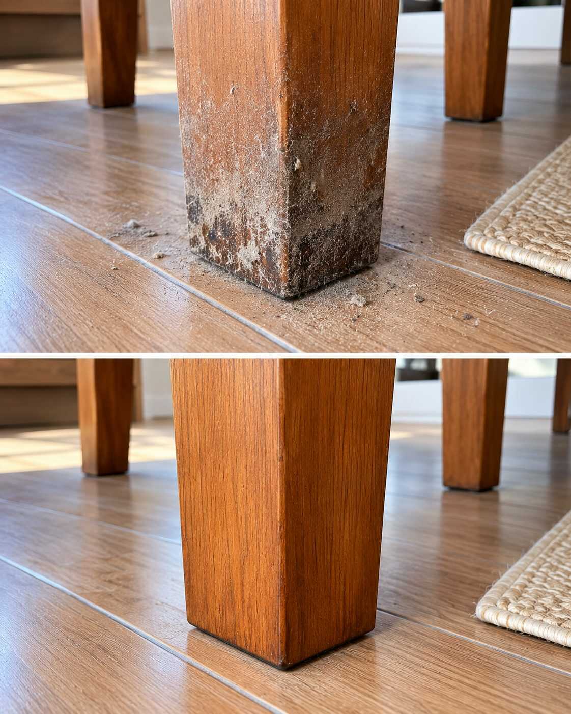 Cómo limpiar las patas de una mesa cuando el polvo forma una capa pegajosa cerca del suelo