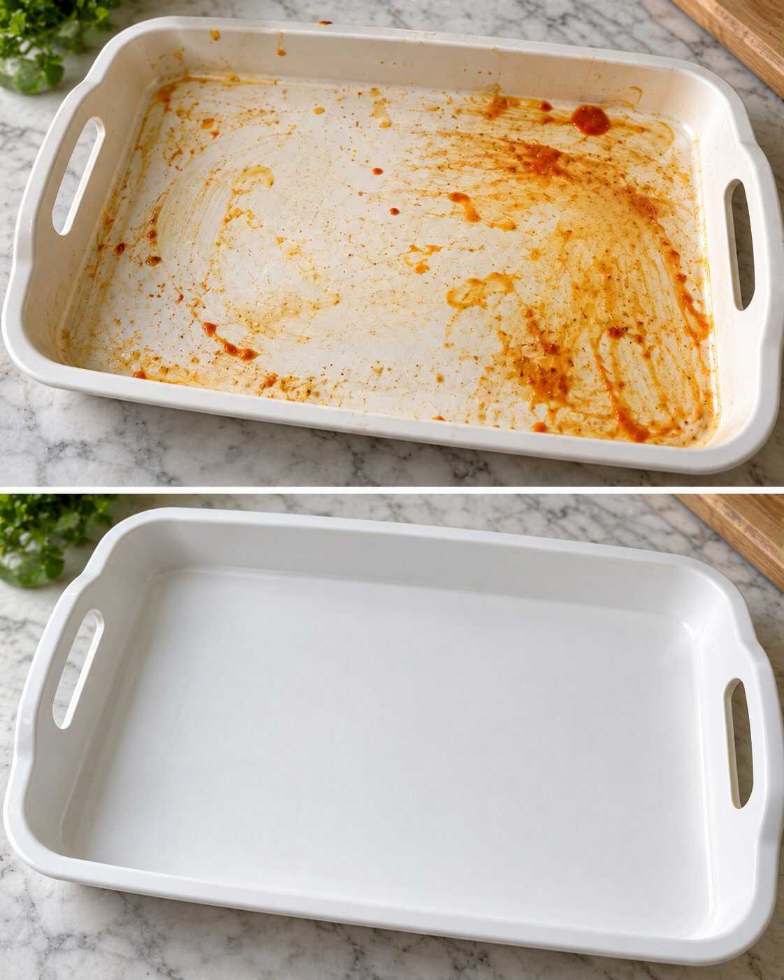 El método para recuperar una bandeja de plástico blanca cuando las salsas dejan manchas de color